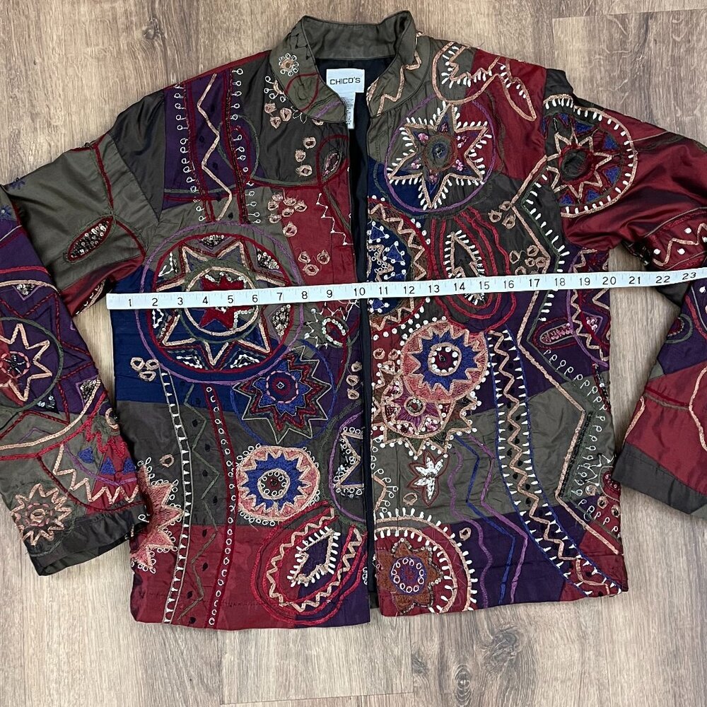 Chico's Jewel-Tone Silk Blend Patchwork Embroidered Jacket Sz XS - Picture 10 of 13